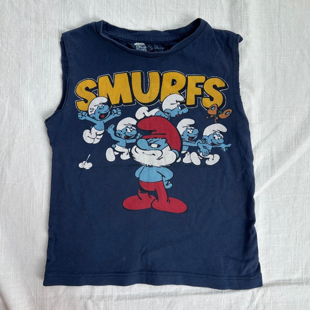 Zara‎ Baby Smurfs Graphic Tank Top Sleeveless Cartoon Character Blue 12-18M